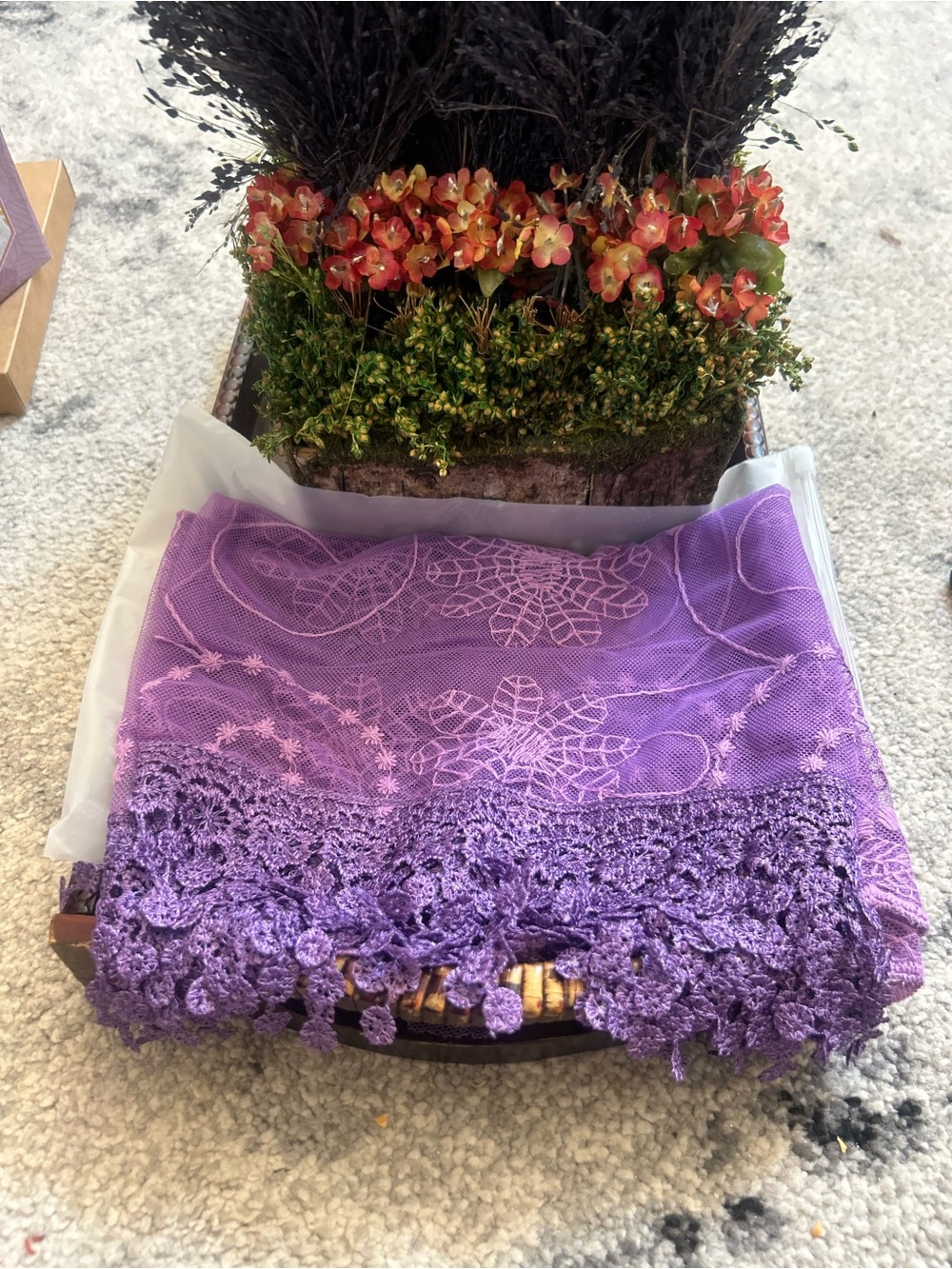 Floral Imprint Purple Scarf with Tassels